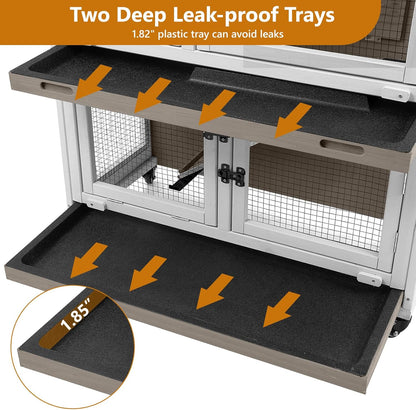 2 Story Rabbit Hutch Indoor with 2 Deeper Pull-Out Trays, Wooden Rabbit Cage with 4 Lockable Wheels, Ramp, Chew-Anti Metal Strip for Rabbit, Guinea Pig, Hamster(36" L x 17.8" W x 36.7" H)