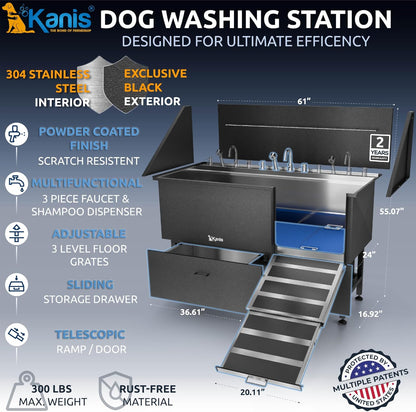 KANIS Black Line Professional Dog Washing Station - 304 Stainless Steel Pet Wash Sink & Grooming Bathtub w/Shower, Floor Grates and Storage for Large, Medium & Small Pets (61", 2 Drawers - Right Ramp)