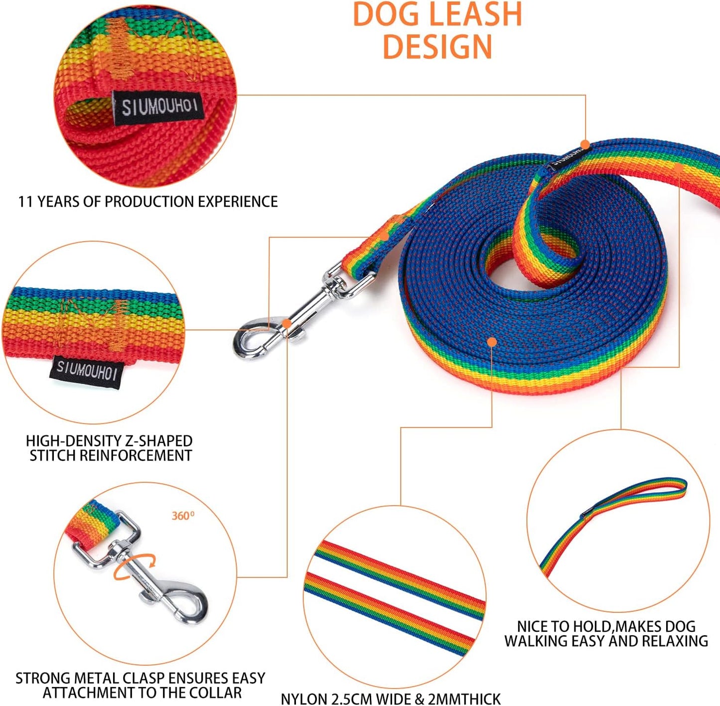 Strong Durable Nylon Dog Training Leash, 1 Inch Wide Traction Rope, 6 ft 10ft 15ft Long, for Small and Medium Dog (Rainbow, 15 Feet)