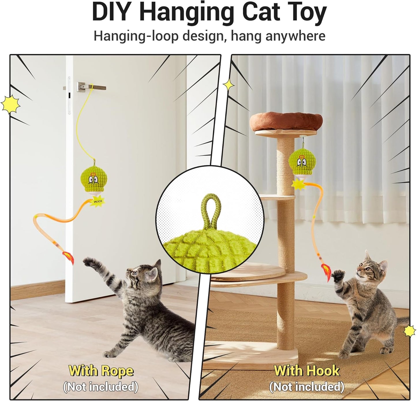 Potaroma Interactive Cat Toy with Motion Sensor, Chirping Sound & Catnip – Funny Grenade Design with Mesh Tail, Rechargeable Smart Rolling Ball for Bored Indoor Kittens & Adult Cats 3 Inches