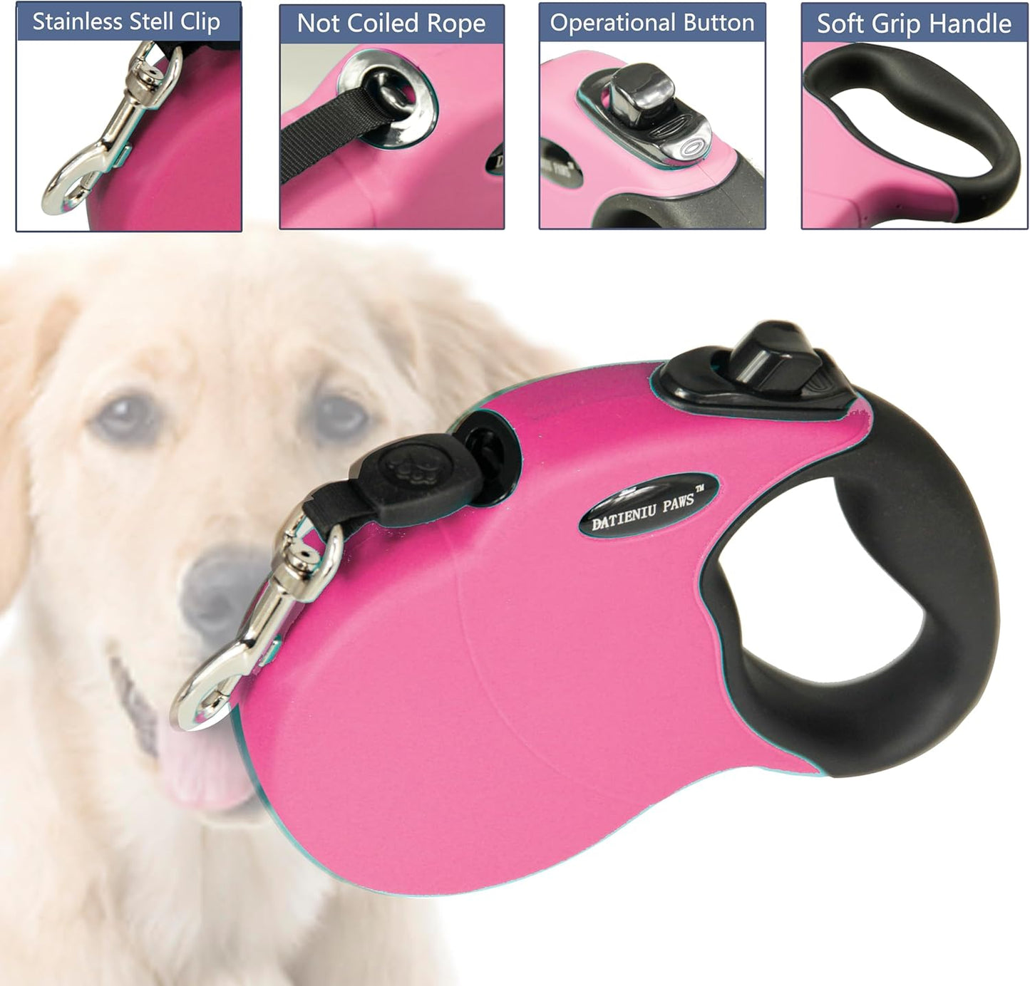 Retractable Dog Leash Hands-Free Adjustable Length 16ft with Safety Lock Durable Nylon Belt for Small Medium Large Dogs Easy Walk Training Portable Dog Leash Pink M