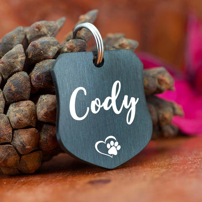 Ultra Joys Cat ID Tag Personalized Pet Tags, Durable Stainless Steel Small Pet Mini Dog Cat Tag Lightweight - Shield Tag in Black