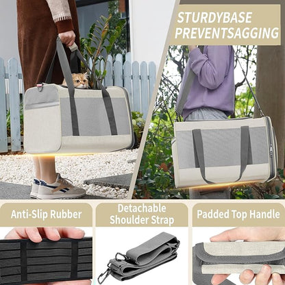 Pet Carrier for Large Cat 20 lbs+ / Soft Sided Small Dog 12 Pounds Travel Crate Top Load/Collapsible Kitty Carry Bag Big Kitten Mesh/Sturdy Animal Transport cage Kennel Long Trips Beige