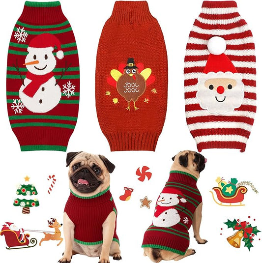 Sanwuta 3 Pieces Thanksgiving Christmas Dog Sweaters Sets Turkey Santa Snowman Puppy Dog Clothes Pet Knitwear for Puppy Doggie Cat Pet Costume(Medium)