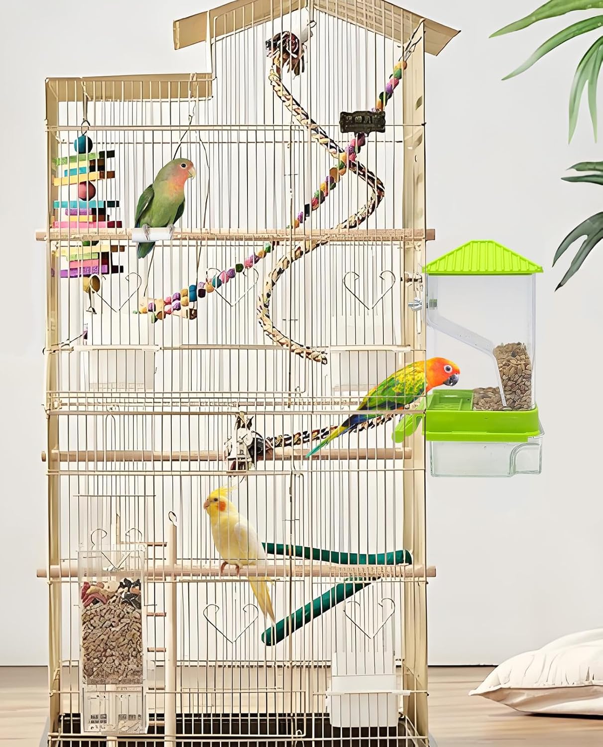 Hamiledyi Automatic Bird Feeder No Mess Bird Cage Feeder Seed Food Container with Perch Transparent Parrot Cage Accessories for Parakeets, Budgies, Cockatoos, Finches, Lovebirds, Canaries (Green)