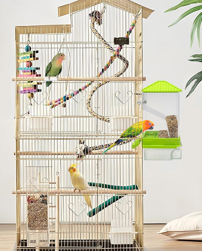 Hamiledyi Automatic Bird Feeder No Mess Bird Cage Feeder Seed Food Container with Perch Transparent Parrot Cage Accessories for Parakeets, Budgies, Cockatoos, Finches, Lovebirds, Canaries (Green)