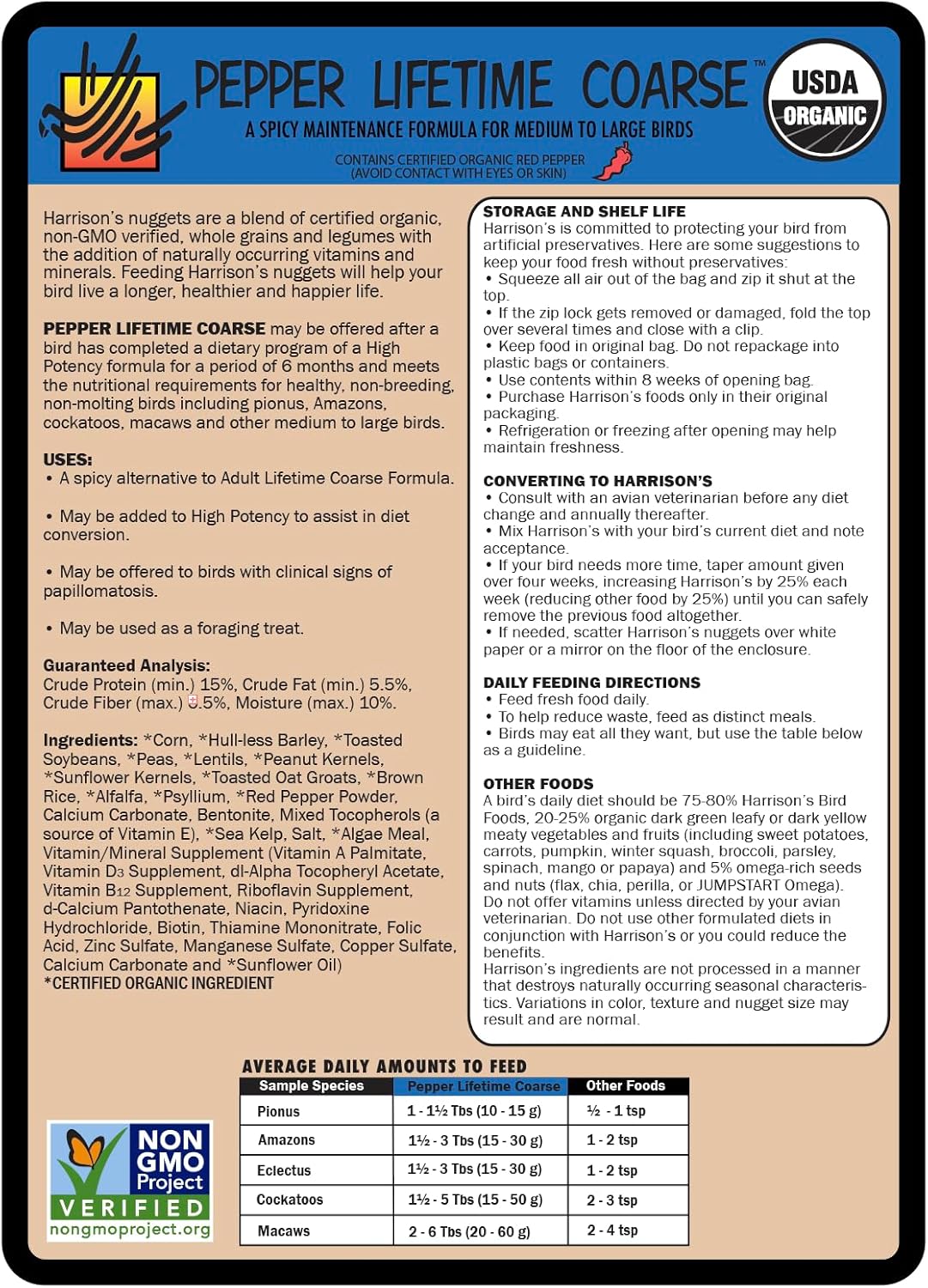 Harrison's Bird Foods Pepper Lifetime Coarse Certified Organic Non-GMO Formula Bird Food 1lb