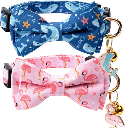 2 Pack Cotton Cat Collar with Bow Tie and Bell for Girl Boy Cats,Cute Pink Flamingo and Blue Whale Pattern Spring Summer Breakaway Cat Collar for Male Female Cats (Flamingo&Whale)