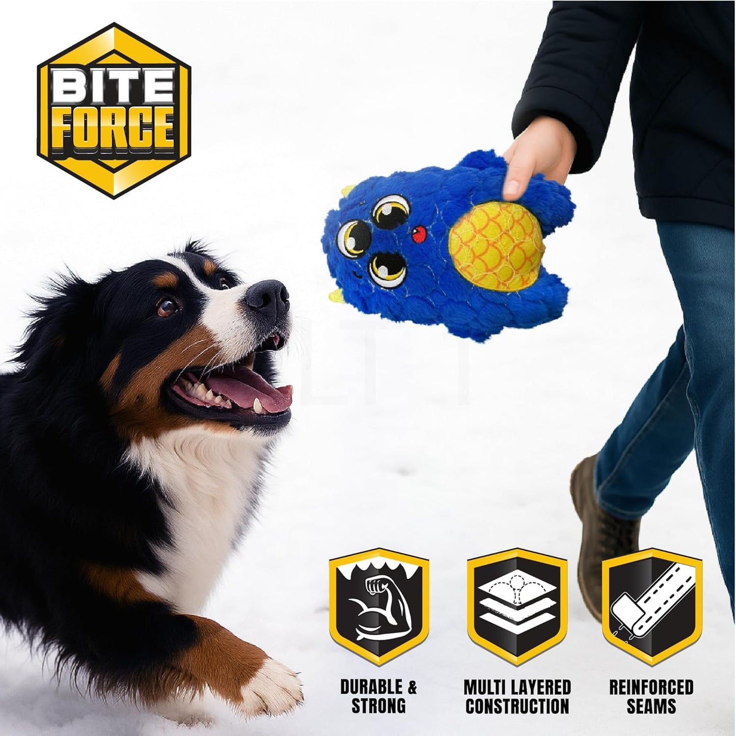 Bite Force - Durable & Strong Dog Toy Blue Furocious Frank Monster with Squeaker, Kevlar-Reinforced Seams for Aggressive chewers.