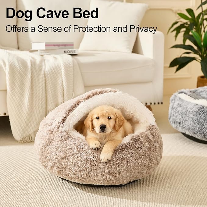 Calming Dog Beds & Cat Cave Bed with Hooded Cover,Removable Washable Round Beds for Small Medium Pets,Anti-Slip Faux Fur Fluffy Coved Bed for Improved Sleep,Fits up to 15/25 lbs(Medium,24"x24")