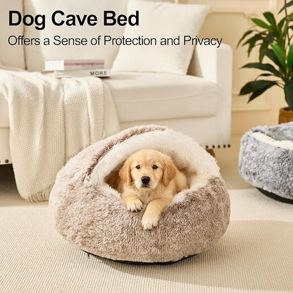 Calming Dog Beds & Cat Cave Bed with Hooded Cover,Removable Washable Round Beds for Small Medium Pets,Anti-Slip Faux Fur Fluffy Coved Bed for Improved Sleep,Fits up to 15/25 lbs(Medium,24"x24")