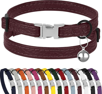 Leather Cat Collar with Buckle and Removable Bell - Non Breakaway Adjustable Soft Safety Small Pet Collars for Girl Boy Cats Kitten (Burgundy)