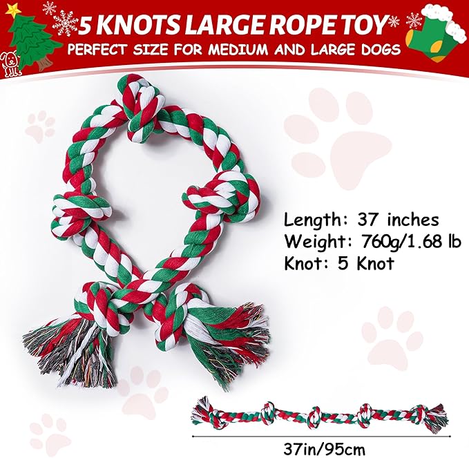 Aitmexcn Christmas Dog Rope Toys for Aggressive Chewers Large Breed, Indestructible Dog Chew Rope Toys, 5 Knots Tough Tug Toy for Teeth Cleaning, Tug of War