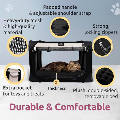 Soft-Sided Cat & Dog Pet Carrier, Large 24"x16"x16", Fits Large Cat, 2 Cats, or Medium Dog Comfortably, Great for Travel & Vet Visits, Privacy Windows, Removable Bed, Locking Zippers, Folds Flat