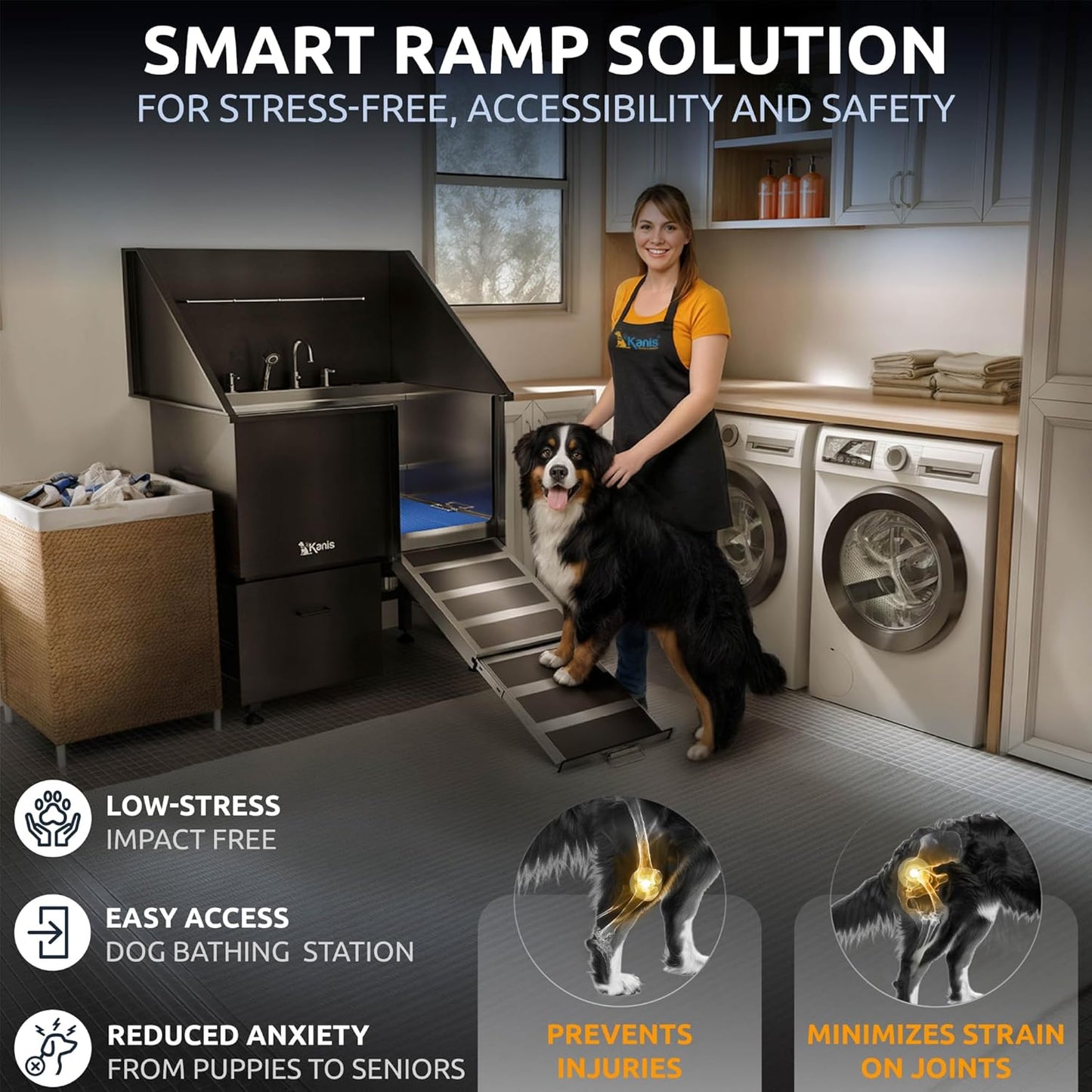 KANIS Black Line Professional Dog Washing Station - 304 Stainless Steel Pet Wash Sink & Grooming Bathtub w/Shower, Floor Grates and Storage for Large, Medium & Small Pets (40", 1 Drawer - Right Ramp)