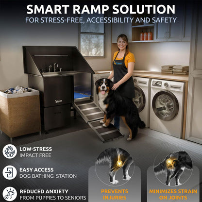 KANIS Black Line Professional Dog Washing Station - 304 Stainless Steel Pet Wash Sink & Grooming Bathtub w/Shower, Floor Grates and Storage for Large, Medium & Small Pets (40", 1 Drawer - Right Ramp)