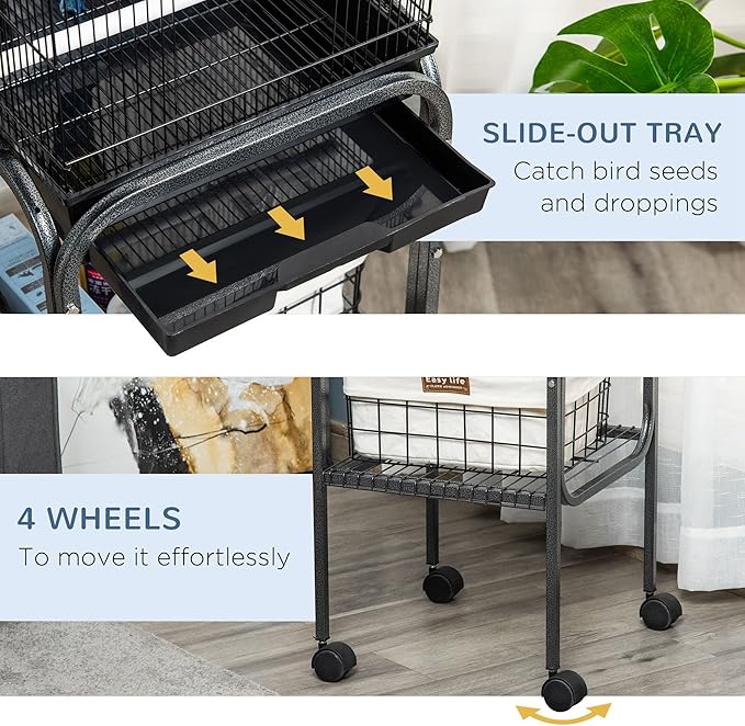 Pawhut 45-inch Metal Indoor Bird Cage, Parrot Cage, Bird Aviary with Detachable Rolling Stand, Storage Basket, and Accessories - Black