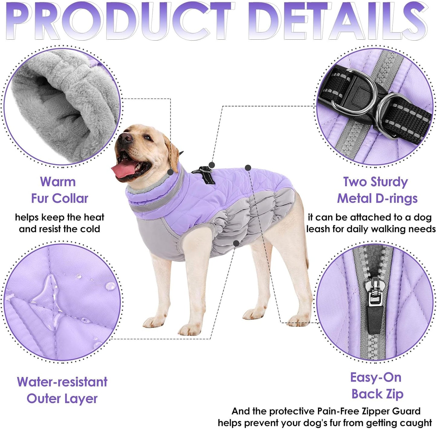 AOFITEE Dog Coat, Warm Dog Winter Coat, Reflective Cold Weather Dogs Puffer Jacket with Harness Built in, Waterproof Pet Fleece Vest Snowsuit for Small Medium Large Dogs, Lilac L