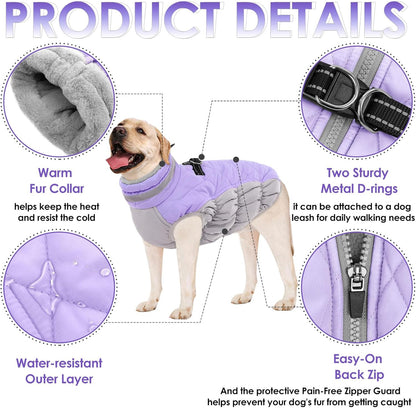 AOFITEE Dog Coat, Warm Dog Winter Coat, Reflective Cold Weather Dogs Puffer Jacket with Harness Built in, Waterproof Pet Fleece Vest Snowsuit for Small Medium Large Dogs, Lilac L