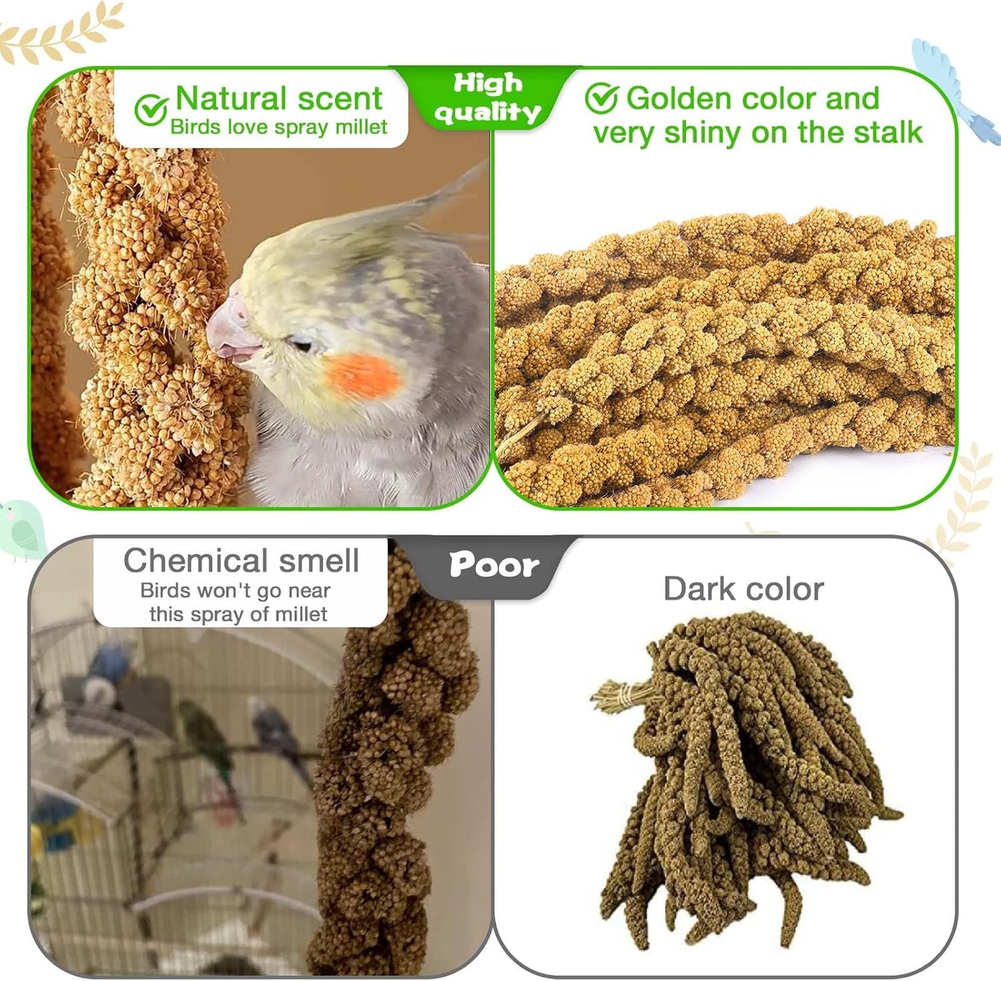 Millet for Birds 2.4LB, Natural Sun-Dried Millet Spray for Birds Seed No Stems Only Edible Tops for Parakeet, Budgies, Finches, Cockatiels, Parrots, Lovebird, Hamster and Other Pet Birds Bird Treat