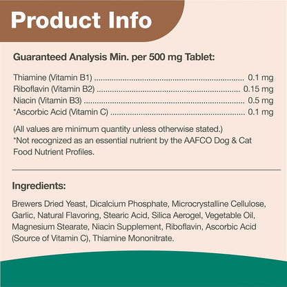 NaturVet Brewers Dried Yeast Formula with Garlic Flavoring Plus Vitamins for Dogs and Cats, Chewable Tablets, Made in The USA with Globally Source Ingredients 100 Count