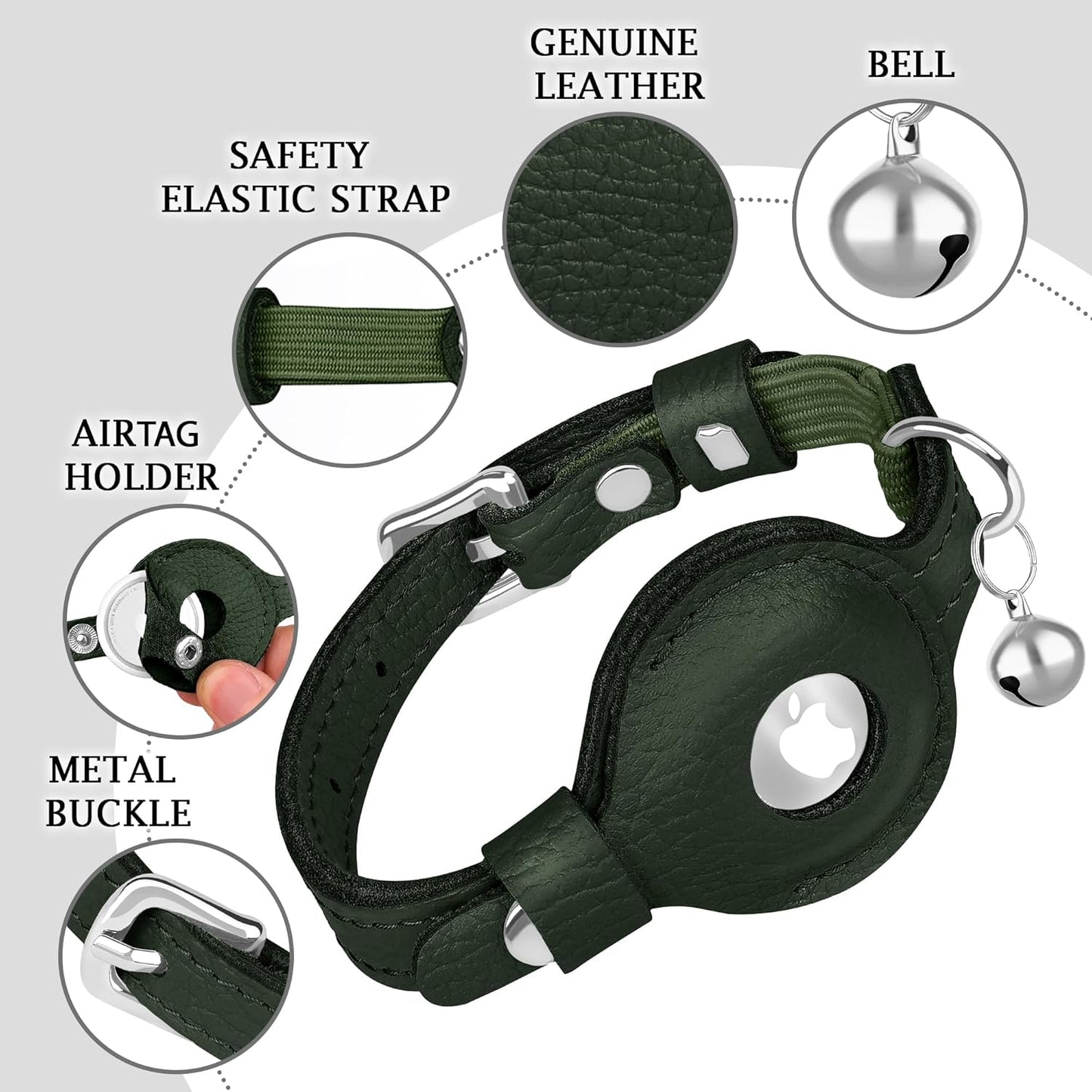 OOPSDOGGY Cat Collar for AirTag Holder, Leather Kitten Collars with Elastic Strap & Bell, Non Breakaway Adjustable Small Pet Collars for Indoor & Outdoor for Boy, Girl (Green)