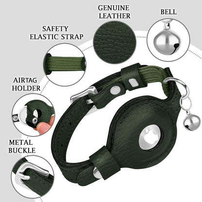 OOPSDOGGY Cat Collar for AirTag Holder, Leather Kitten Collars with Elastic Strap & Bell, Non Breakaway Adjustable Small Pet Collars for Indoor & Outdoor for Boy, Girl (Green)