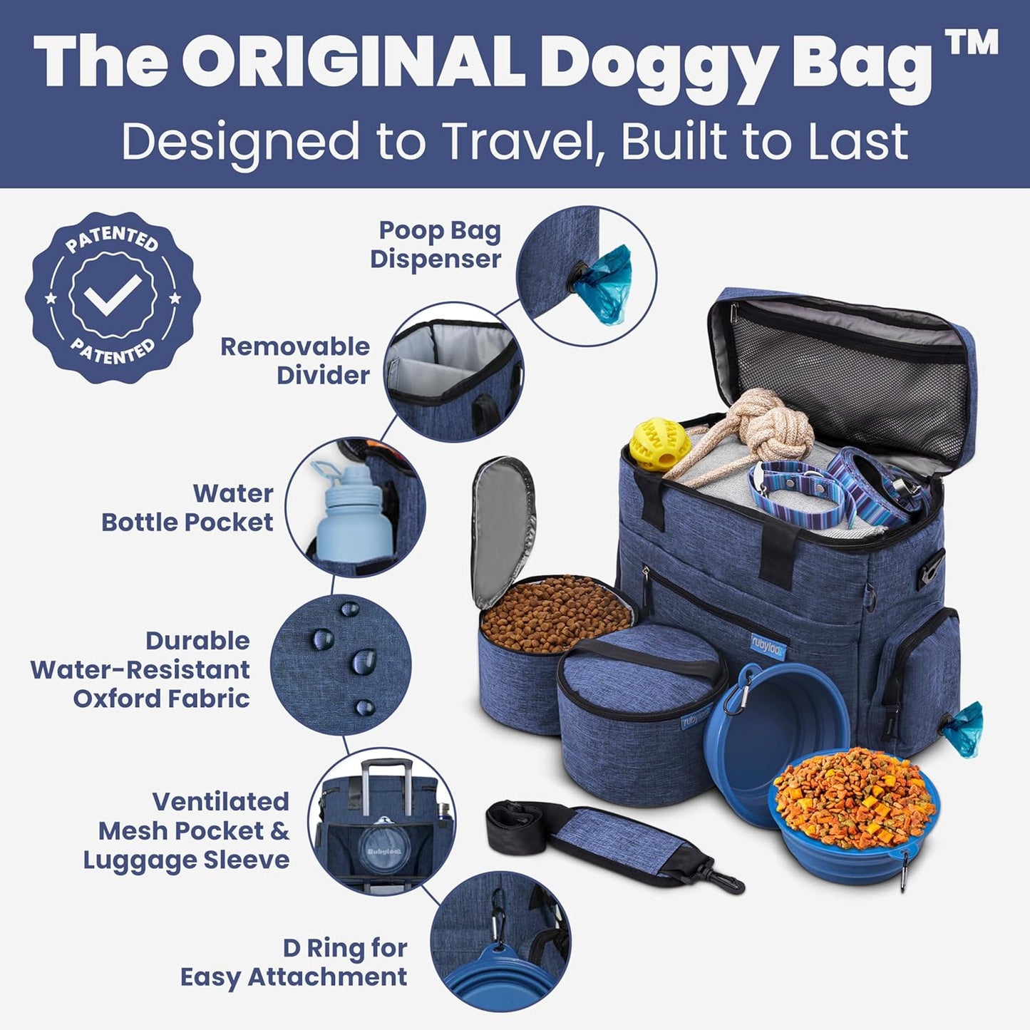 The Original Doggy Bag™- Dog Travel Bag for Supplies - Ultimate Gift for Dog Moms & Dads, Doggy Lovers & Pet Owners for Christmas- Includes 2 BPA-Free Travel Bowls and 2 Food Containers: Navy