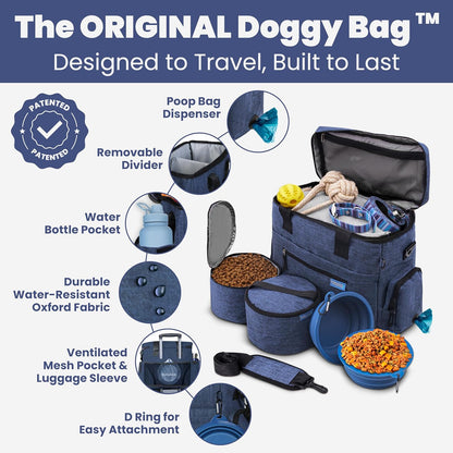 The Original Doggy Bag™- Dog Travel Bag for Supplies - Ultimate Gift for Dog Moms & Dads, Doggy Lovers & Pet Owners for Christmas- Includes 2 BPA-Free Travel Bowls and 2 Food Containers: Navy