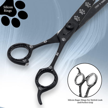 Professional Dog Grooming Scissors/Shears, Straight, with Paw Prints for Dogs, Cats & Pets (Right Handed, Black, Stainless Steel 8 Inch)