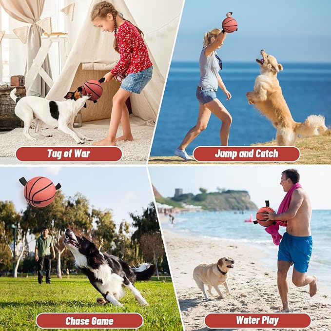 QDAN Dog Ball Basketball Toys, Balls with Straps, Dog Water Toy Pool Toys for Small Medium Dogs (6 Inch)