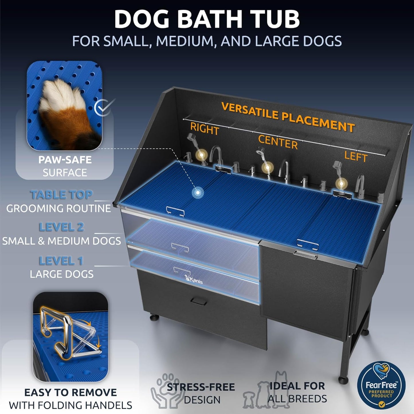 KANIS Black Line Professional Dog Washing Station - 304 Stainless Steel Pet Wash Sink & Grooming Bathtub w/Shower, Floor Grates and Storage for Large, Medium & Small Pets (61", 1 Drawers - Right Ramp)
