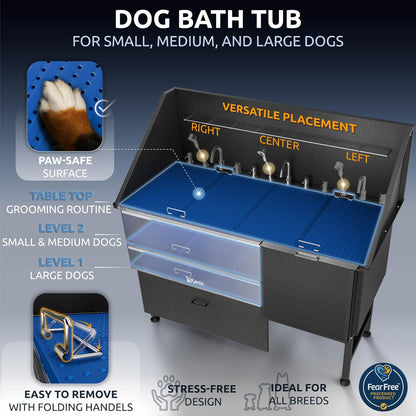 KANIS Black Line Professional Dog Washing Station - 304 Stainless Steel Pet Wash Sink & Grooming Bathtub w/Shower, Floor Grates and Storage for Large, Medium & Small Pets (61", 1 Drawers - Right Ramp)