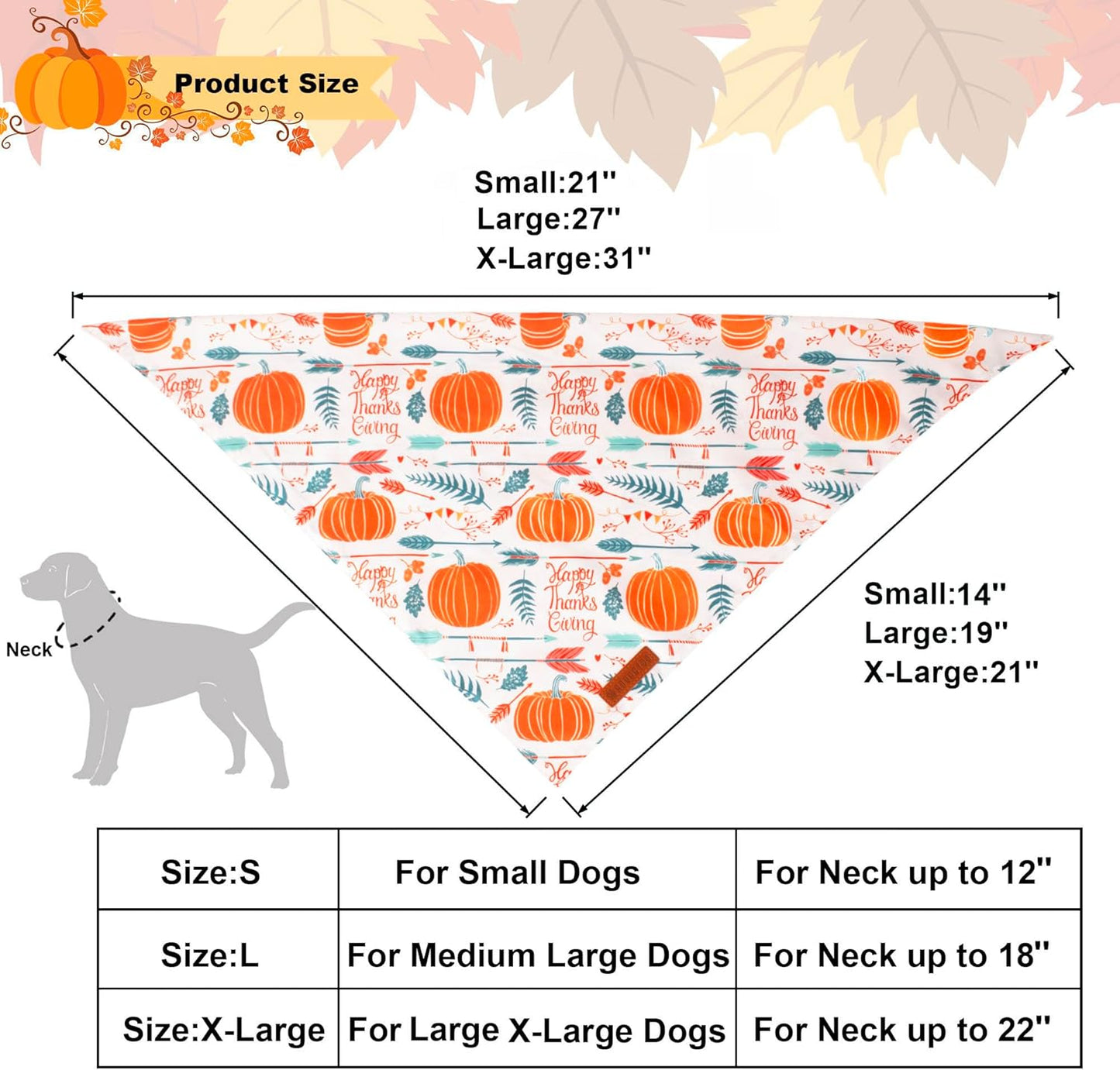 ADOGGYGO Thanksgiving Dog Bandana, Fall Leaves Pumpkin Pet Scarf, Premium Durable Fabric, Adjustable Fit Thanksgiving Bandanas for Extra Large Dogs Pe (X-Large)