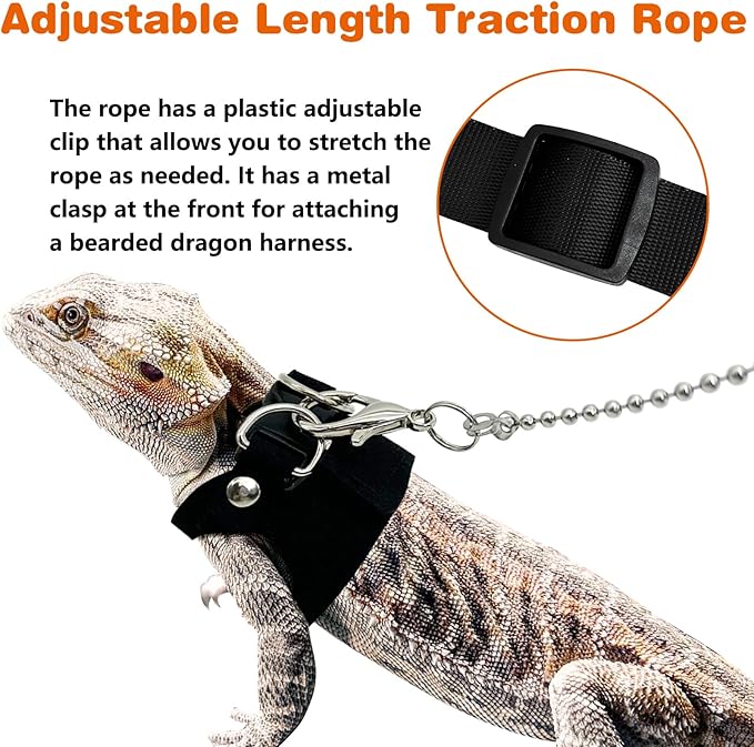PINVNBY 3 Size Bearded Dragon Harness and Leash Set Adjustable Soft Leather Lizard Leash with Traction Rope Mini Skateboard Toy for Small Animal Reptile Reptile Walking Outdoor Adventures (Black)
