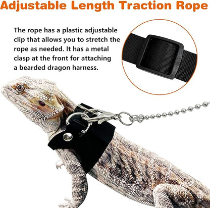 PINVNBY 3 Size Bearded Dragon Harness and Leash Set Adjustable Soft Leather Lizard Leash with Traction Rope Mini Skateboard Toy for Small Animal Reptile Reptile Walking Outdoor Adventures (Black)