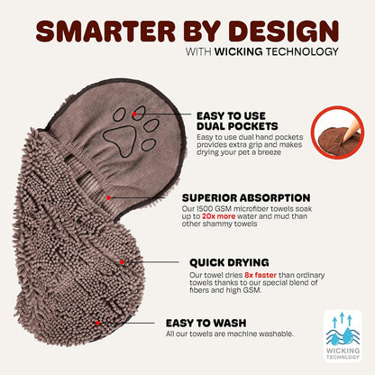 Dog Gone Smart The Dirty Dog Shammy - Fast Drying Plush Shammy Towel with Dual Hand Pockets and Elastic - Super Absorbent Microfiber and Machine Washable - Grey