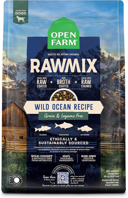 Open Farm, RawMix Grain-Free Dry Dog Food, Protein-Packed Kibble Coated in Bone Broth with Freeze Dried Raw Chunks, Salmon Whitefish & Rockfish, Wild Ocean Recipe, 20lb Bag