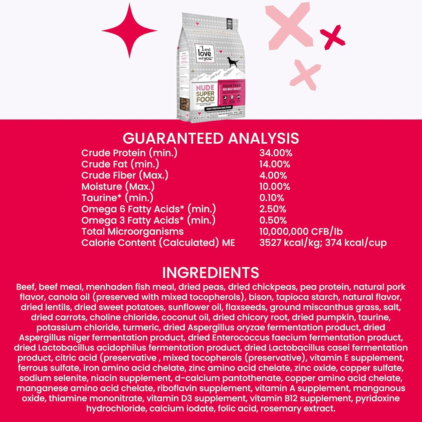 I and love and you Nude Super Food Dry Dog Food - Red Meat Medley - Prebiotic + Probiotic, Grain Free, Real Meat, No Fillers, 5lb Bag