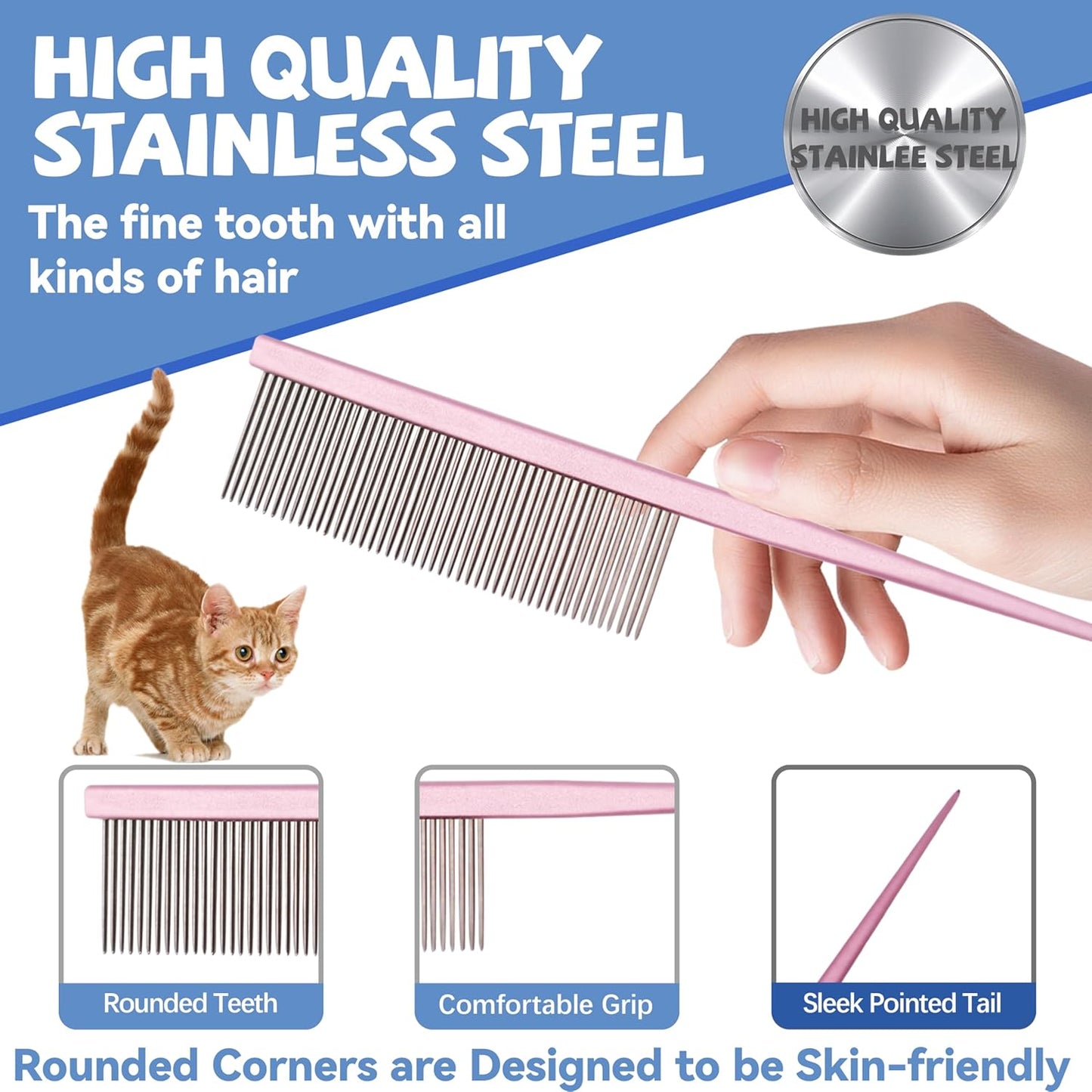 Grooming Pet Comb Rat Tail Dematting Cat and Dog Comb，Rounded Ends Design for Safe Tangle Removal, Hairstyling, Massage，Loose Hair Removal，Prevent Irritation，Fluffing Paws,Face,Tail,Remove Tear Stain