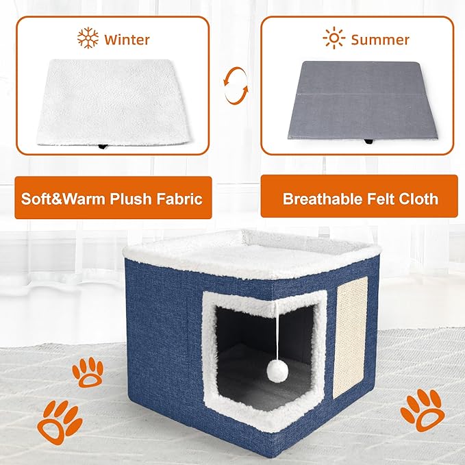 Cat Houses for Indoor Cats - Large Cat Bed Cave with Scratch Pad and Fluffy Ball, Foldable Cat Condo Hideaway with Reversible Cushion for Multi Small Pet, Navy Blue