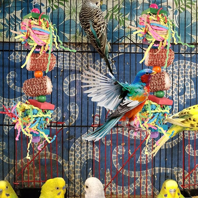 2pcs Bird Toys, Parrot Toys for Parakeets Cockatoos Cockatiels Budgie Conure Macaw Corn Cob Shredding Paper Tearing & Foraging Toy Chewing Hanging Toy Cage Accessories for Small & Medium Birds Pet