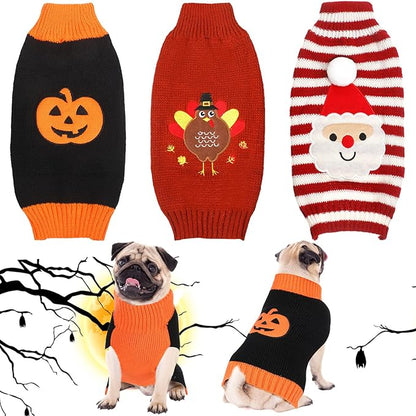 Sanwuta 3 Pieces Halloween Thanksgiving Christmas Dog Sweaters Sets Pumpkin Turkey Santa Puppy Dog Clothes Pet Knitwear for Dog Cat Pet Costume(Large)