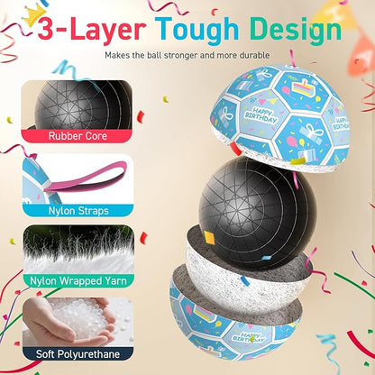 QDAN Dog Birthday Toys, Soccer Ball for Dogs with Straps, Dog Ball Toy, Puppy Birthday Gifts, Durable Herding Balls for Medium Large Dogs (8 inch)