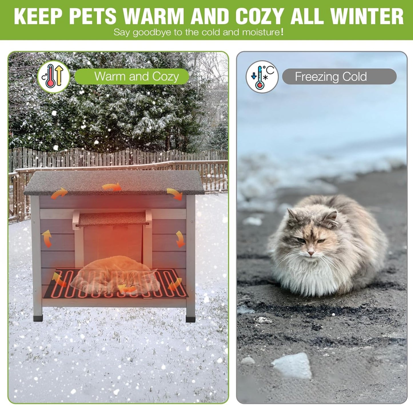 GUTINNEEN Heated Outdoor Cat House Weatherproof Insulated Feral Cat Shelter with Heated Pad and Insulated All-Round Thermal Liner for Outside Cats, Chewproof Cable Design (Winter-Ready)