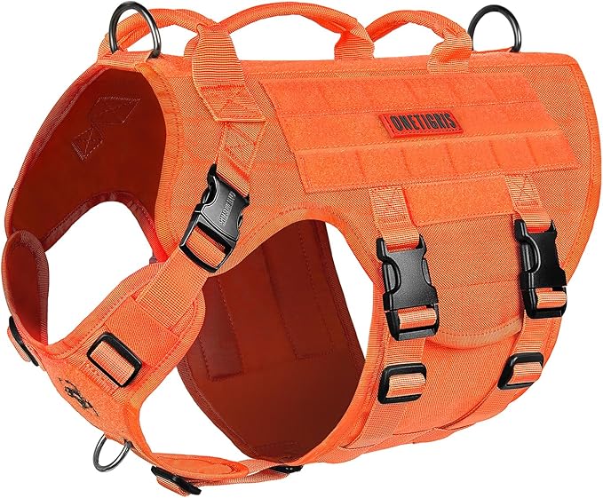 OneTigris Large Tactical Dog Harness, No Pulling Adjustable Dog Vest Harness, Heavy Duty Dog Harness with Handle, Large Hook and Loop Panels for Patch(Orange,XL)