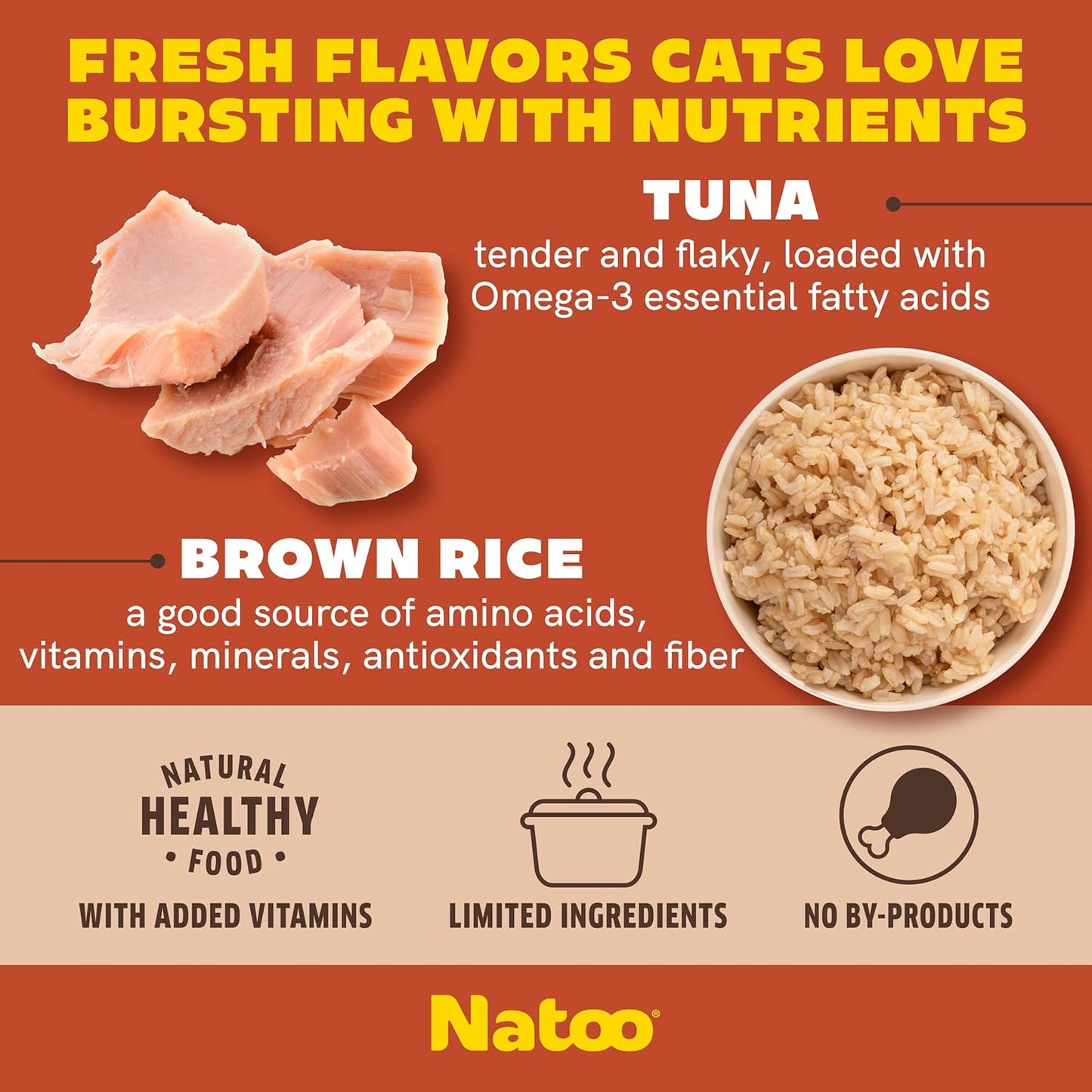 NATOO Cat Food Topper for Picky Eaters, Healthy Soft Kitty Treat (Tuna & Brown Rice in Broth), Wet Cat Meal with Gravy, High Protein, Limited Ingredient Adult & Kitten Food, 2.4 oz (Case of 20)