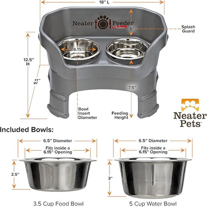 Neater Feeder Deluxe Mess Proof Dog Bowls Elevated Medium Sized Dogs (19-40 lbs) Made in USA, No Spill Raised Dog Food Bowl Stand w/Leg Extension, Stainless Steel Food and Water Bowl Set, Grey