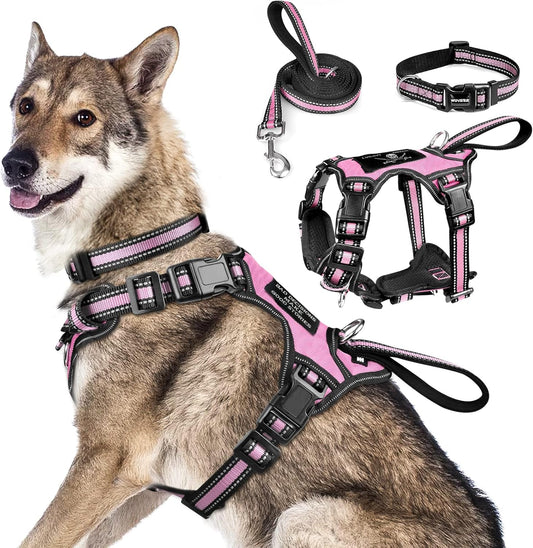 WINSEE Pet Harness Collar and Leash Set, All-in-one Reflective Dog Harness No Pull with Adjustable Buckles for Puppies, Small, Medium, Large, and Extra-Large Dogs (X-Large, Pink)