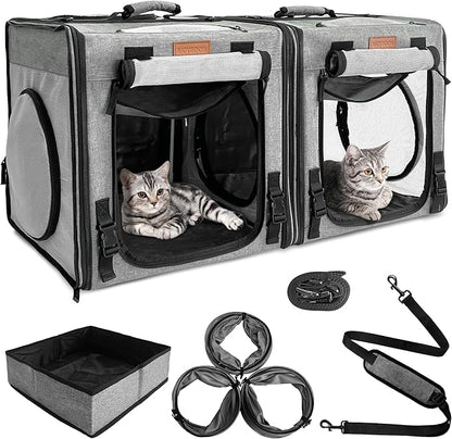 PETUX 2-in-1 Double Cat Carrier for Multiple Cats - Large Cat Travel Carrier with Litter Box, Play Tunnels, and Hammock - Portable Pet Carriers for Long Car Trips ＆ Vet Visit (34"x17"x17", Grey)